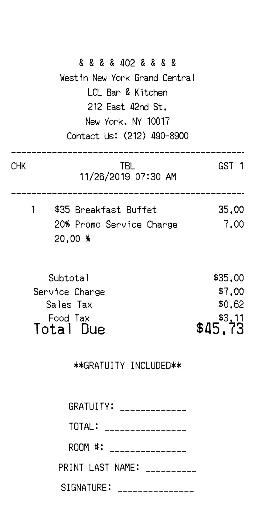 Bar / Pub receipt