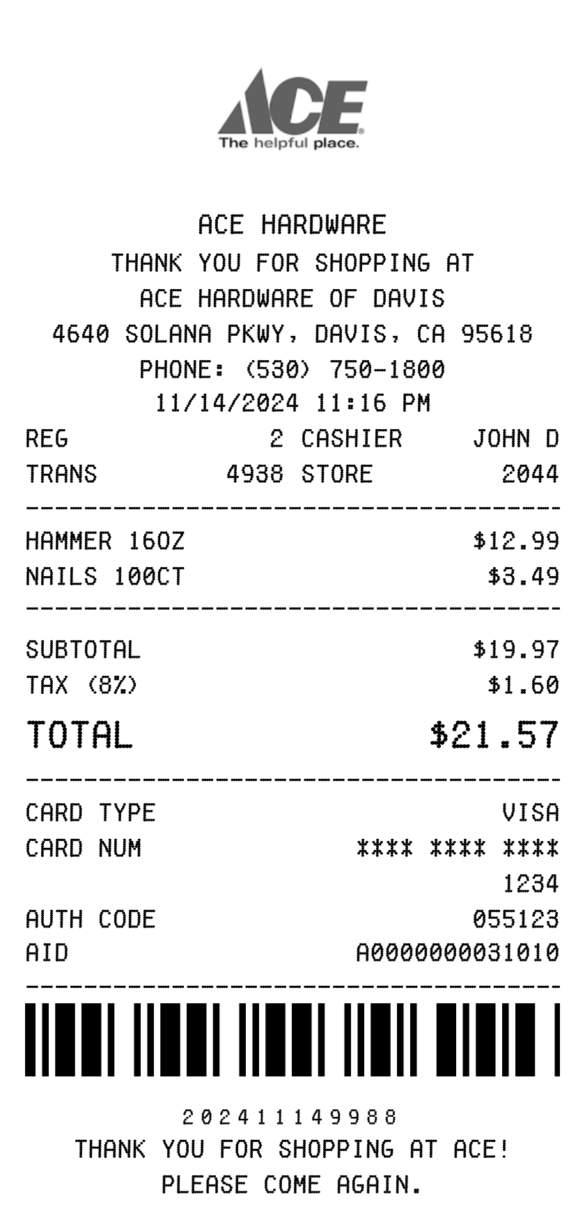 Ace Hardware receipt