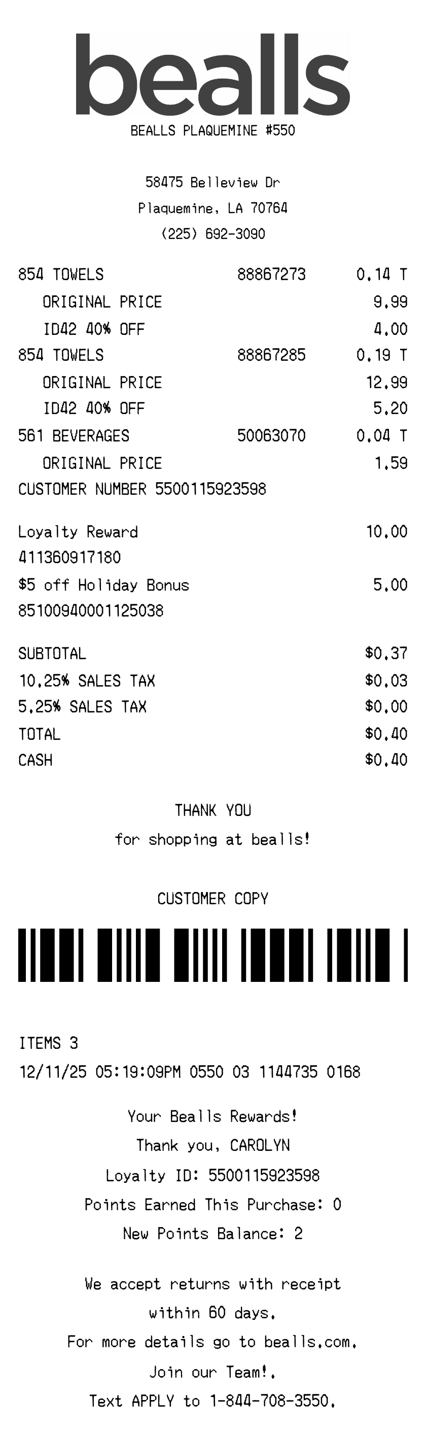 Bealls receipt